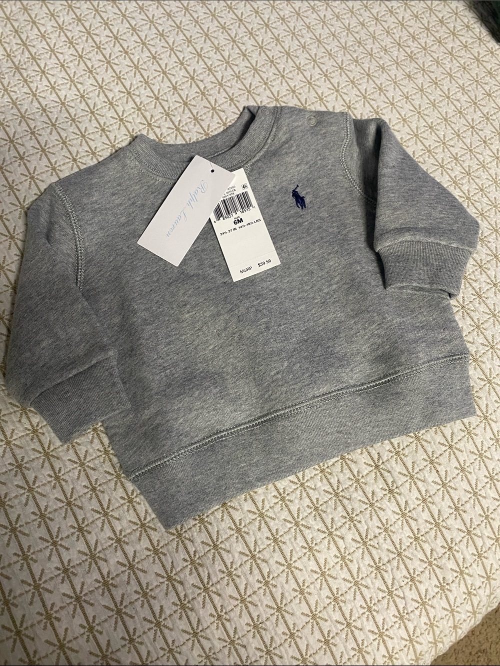 Ralph Lauren Gray Baby Crewneck Sweatshirt with Navy Pony